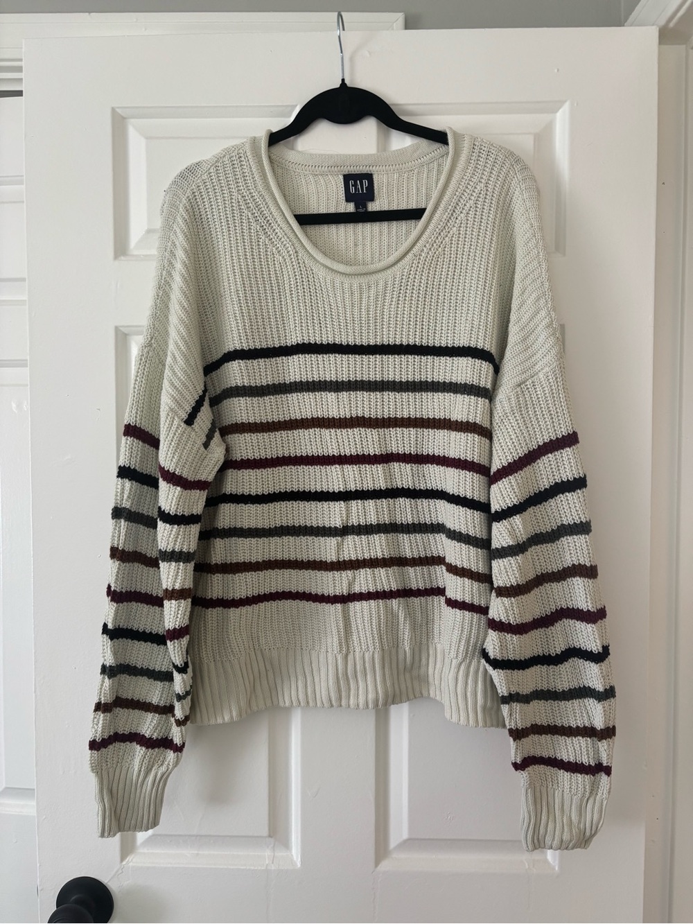 GAP Cream Crewneck Sweater with Multicolor Stripes - Size L - 100% Cotton